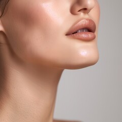 Obraz premium Close-up of a woman's face highlighting lips and jawline with a soft glow.