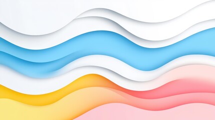 A vibrant gradient wave flows with shades of pink, blue, white, and yellow, creating a playful abstract feel.