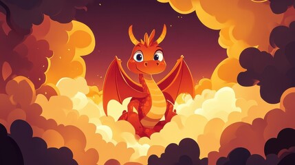 A fierce fire dragon emerges from vibrant flames, showcasing dynamic symmetry in a bold, cartoonstyle illustration.