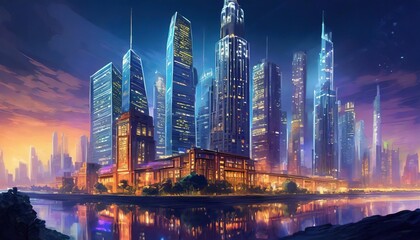 Naklejka premium Beautiful buildings lighting up the city with their brightness at night time 