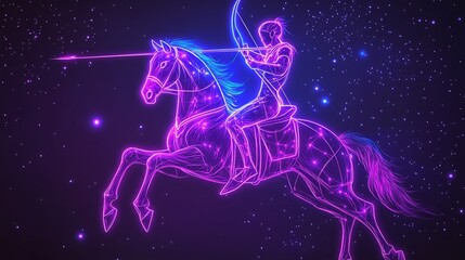 Fototapeta premium Zodiac sign Sagittarius with a stylized image of a horseman with a bow or a Centaur in purple and blue neon lights on a starry background.