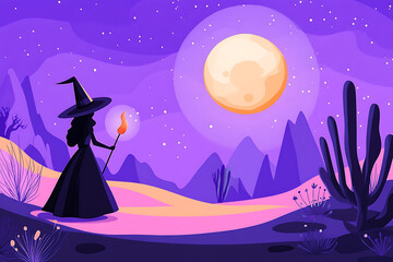 Naklejka premium A mysterious witch stands in vibrant desert landscape, holding glowing orb, under large moon. scene evokes sense of magic and wonder.