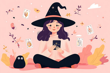 A cheerful witch holding tarot cards, surrounded by autumn leaves and mystical elements, exuding sense of magic and curiosity.