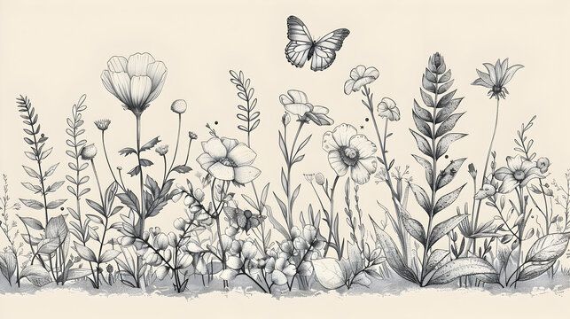 Group of Wildflowers, herbs, flowers, plants and butterflies flyng around. Outline Style