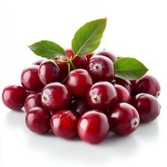Close-up of fresh cranberries with green leaves isolated on white background.