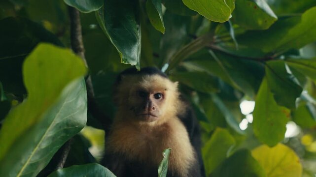 Curious wild Capuchin Monkey in a tropical jungle 