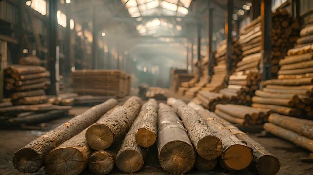wooden logs stacked inside a large industrial lumber mill