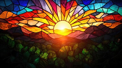 Colorful stained glass sunrise over mountains and cacti