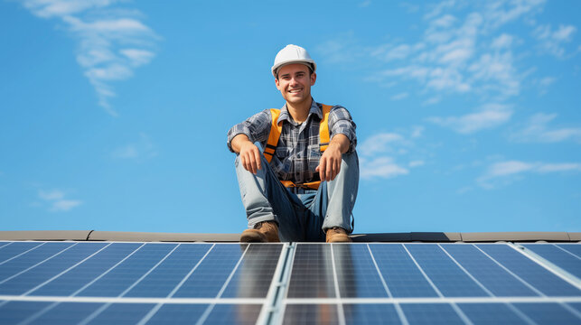 Solarteure mit neu installierter Solaranlage auf dem Dach