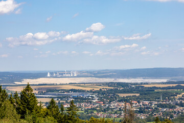 Obraz premium Czech city of Hradek nad Nisou and lignite surface mine and power plant in Turow village near Polish Bogatynia town