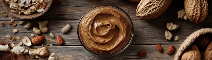 A wooden table with a bowl of creamy almond butter surrounded by whole almonds, nuts, and seeds.