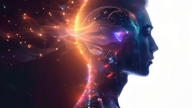 Digital illustration of a human profile with brain activity, symbolizing AI, technology