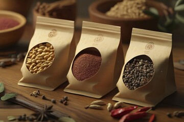 Assorted seeds in eco-friendly packaging on a wooden table, showcasing organic grains, nuts, and spices for cooking and healthy living.