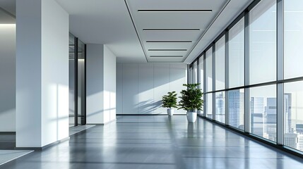Fototapeta premium Modern Office Corridor with City View and Plants
