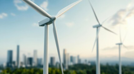 Wind turbines rising from an urban rooftop garden, emphasizing efficient urban power generation, Wind Energy, Energy Efficiency, urban sustainability through wind energy