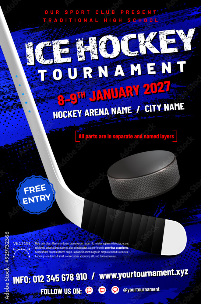 Wall mural ice hockey tournament poster template with stick, puck and grungy dirty background