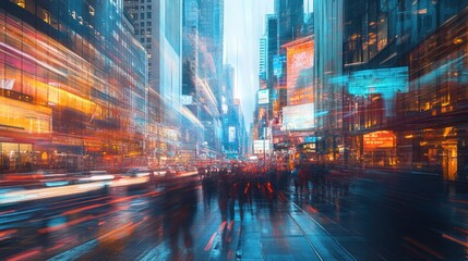 A Blurred Perspective of a Busy City Street at Night