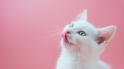 A adorable white cat, licks its muzzle with its tongue, on light color background