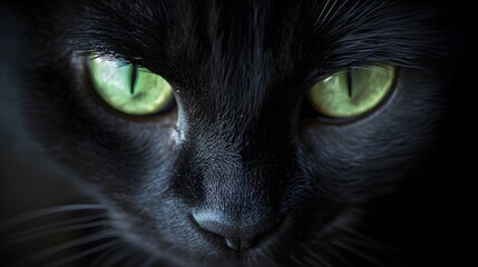 A black cat with glowing green eyes