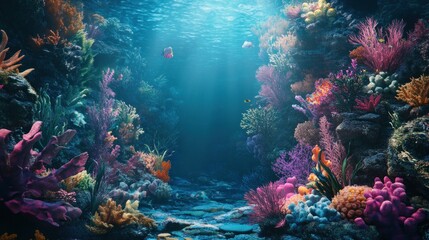 Obraz premium Underwater Coral Reef Scene with Fish and Sunlight