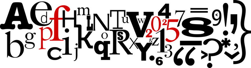 Collage of various black fonts, symbols, and numbers displayed. PF 2025 inscription highlighted in red.