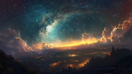 Starry Night Over a City with Golden Clouds and Mountain Peaks
