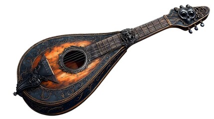 A cracked lute with Gothic-style Halloween masks, baroque detailing, dark aesthetic, digital painting, isolated on white background