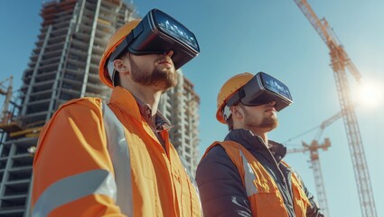 Two construction workers engage in a virtual reality experience on a vibrant construction site, utilizing cutting-edge technology to visualize their future projects.