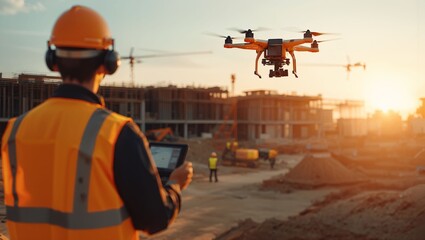 Harnessing Technology: A Construction Worker Unleashes a Drone's Power to Oversee Site Progress at Sunset, Merging Innovation with the Construction Industry's Future.