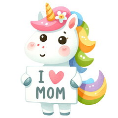 Fototapeta premium Cute cartoon unicorn with rainbow mane holding 'I love mom' sign. Perfect for Mother's Day cards and children's illustrations.