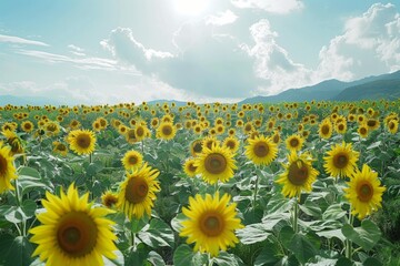 Obraz premium Endless field of sunflowers illuminated by the sun, harvest and agricultural business concept 