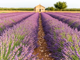 Obraz premium Beautiful lavender field in full bloom, leading to a quaint cottage under a clear sky, perfect for nature and travel enthusiasts.