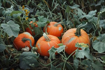 Harvest of orange pumpkin among green grass in a field. Concept of growing crops.