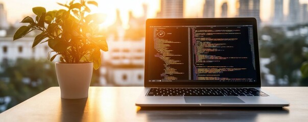 Open laptop with code on screen, plant in pot, and sunlit window background.