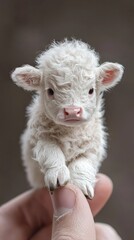 Fototapeta premium the worlds smalles baby highland cow - white calf balancing in a humans finger