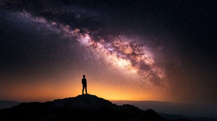Fototapeta premium Silhouetted Figure Gazing at the Milky Way Over Mountains