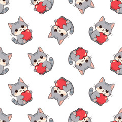 Seamless pattern with cute cat. Kitten with apple