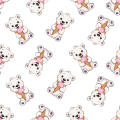 Seamless pattern with polar bear and ice cream. 