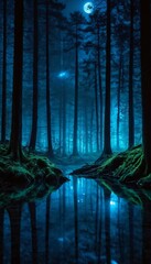 Obraz premium Futuristic night landscape with abstract forest landscape. Dark natural forest scene with reflection of moonlight in the water, neon blue light. Dark neon. Ai generated image.