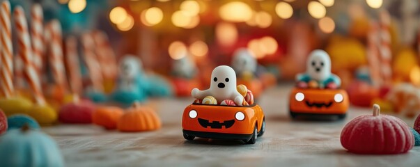 Fototapeta premium Ghosts and ghouls riding candy cars through a haunted candy carnival at dusk, Halloween, Candyland, playful and spooky festive scene