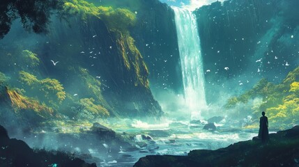 Fototapeta premium A lone figure admires a cascading waterfall in a misty forest.