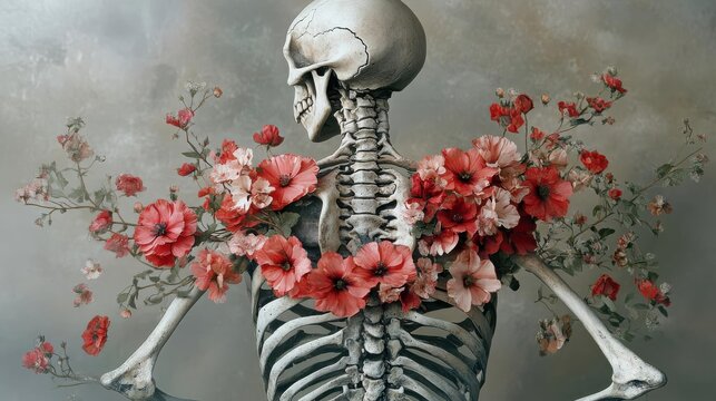Gothic floral tattoos blooming on a skeleton s body in an artistic composition, Halloween, Floral, dark beauty with a Halloween twist