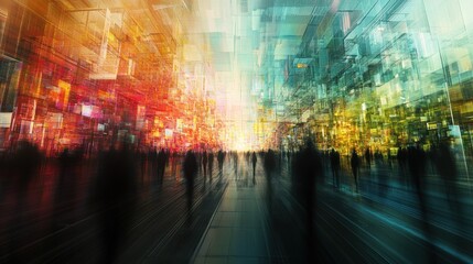 Naklejka premium Abstract Cityscape with Silhouettes of People Walking Through a Multicolored and Blurred City