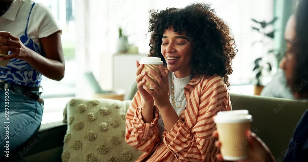 Poster Friends, women and happy in home with coffee for conversation, chat and bonding. People, relationship and smile on sofa at university apartment for support with fun, joy and girl talk for memories