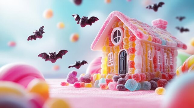Witch s house made entirely of candy, surrounded by flying gummy bats and chocolate spiders, Halloween, Candyland, haunted candy house in a whimsical world