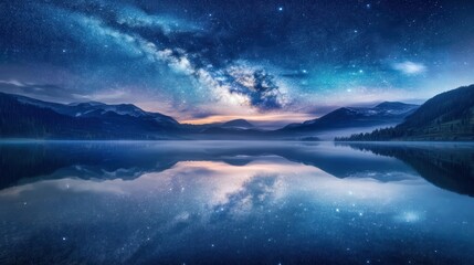 Fototapeta premium Milky Way Galaxy Reflected in a Mountain Lake at Night