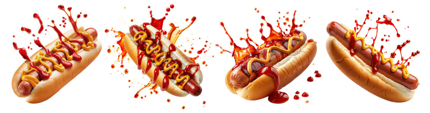 Set of delicious hot dogs with ketchup and mustard, cut out