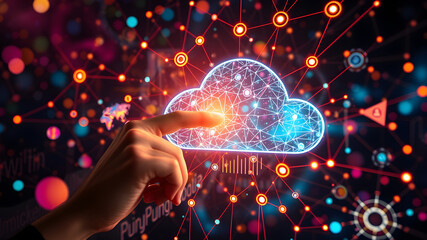 Businessperson is using a laptop to access the cloud computing system, cloud computing, big data, internet of things, business processes, various storage systems
