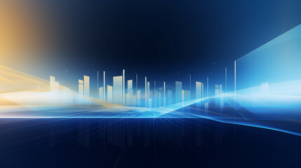Fototapeta premium Abstract glowing big business candlestick chart on blurry city backdrop. financial chart with stock market. digital business background. Abstract digital high tech city design for banner background.