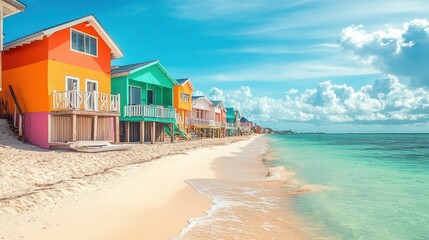 Obraz premium Colorful beach houses line a sandy shore under a bright blue sky with gentle waves.
